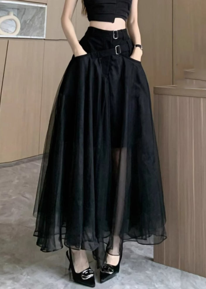 Fashion Black Sashes Pockets Tulle A Line Skirts Summer