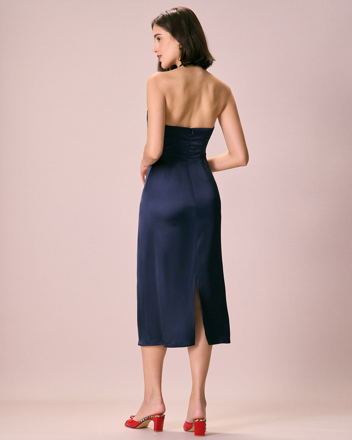 The Navy Cut-Out Satin Halter Midi Dress