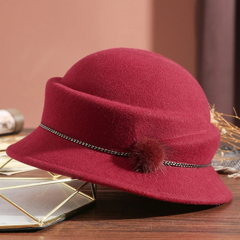5 Pieces Autumn And Winter Hat Female Bowler Hat Pure Wool Woolen Hat Shaping Hat Elegant Mink Fur Ball Bright Beads Decoration 1215