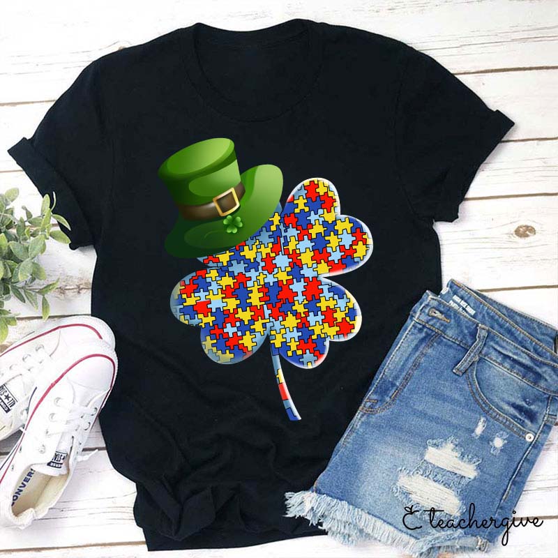 Puzzle Clover Wearing Leprechaun Hat Teacher T-Shirt