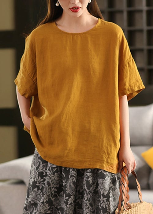Loose Rose O Neck Solid Linen T Shirts Summer