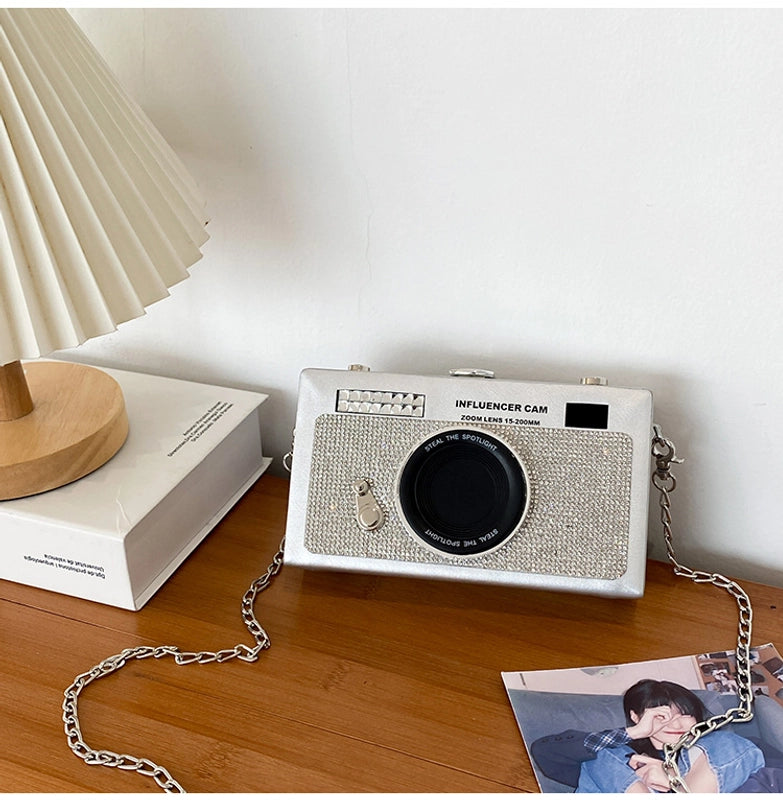 Women's Small Pu Leather Camera Vintage Style Rhinestone Lock Clasp Camera Bag