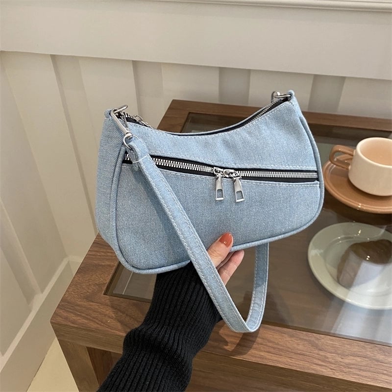 Women's Denim Solid Color Vintage Style Zipper Underarm Bag