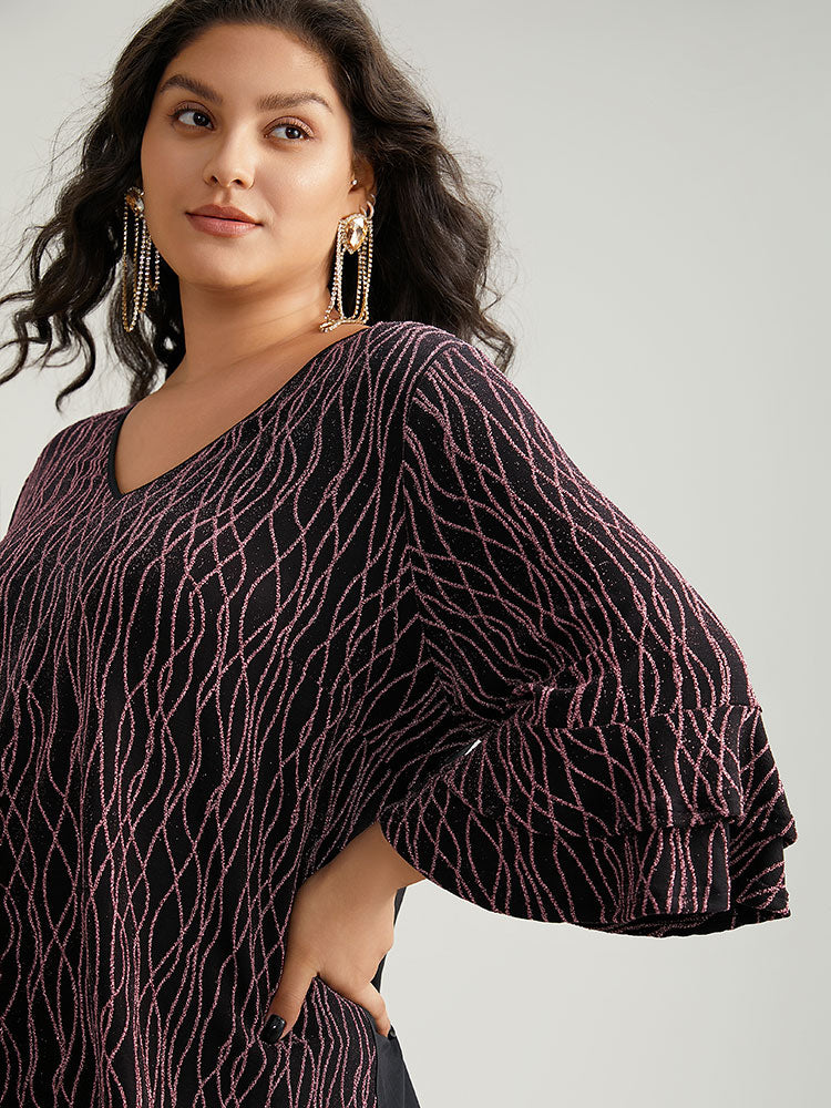 Lurex Layered Ruffle Sleeve Patchwork Blouse