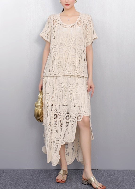 Women Beige O-Neck Lace T Shirt And Maxi Skirts Two Piece Set Short Sleeve