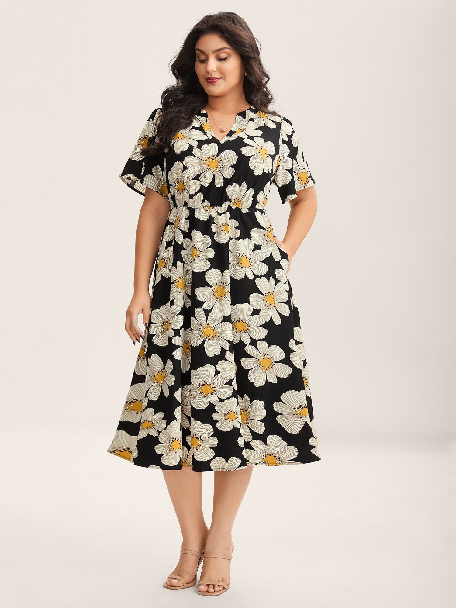 Large Floral Print Notched Collar Midi Dress