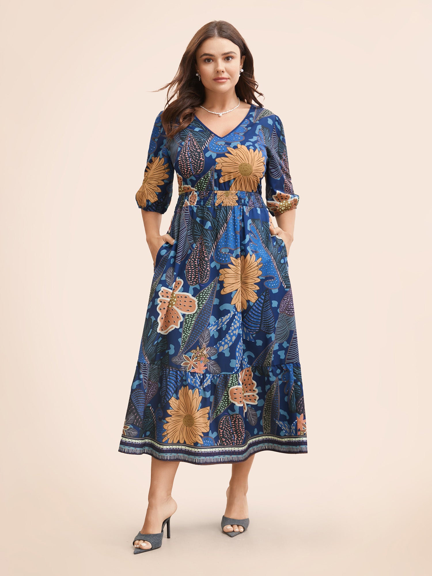 Floral Shirred Lantern Sleeve Midi Dress