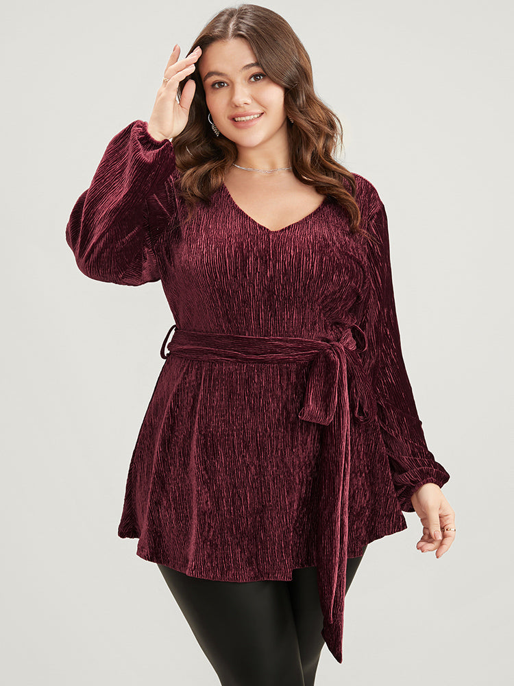 Glitter Textured Lantern Sleeve Belted Ruffle Blouse