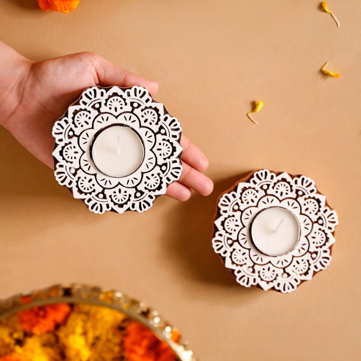 Handmade Floral Mandala Tea Light Holder Set Of 2