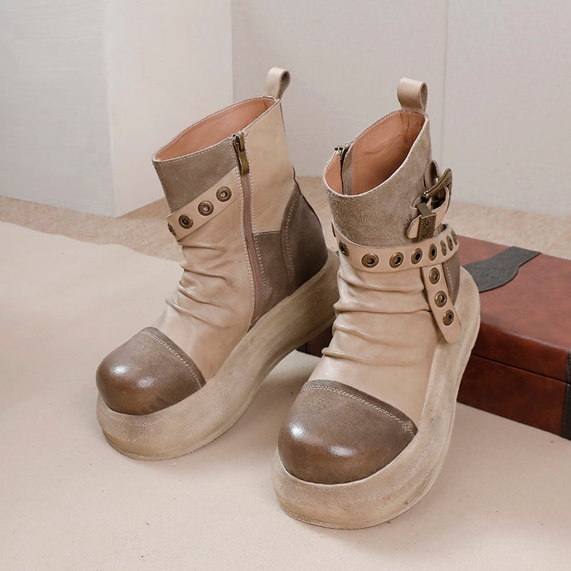 Women's Wrinkled Leather Biker Boots Rivets and Belt Decorations in Black/Gray