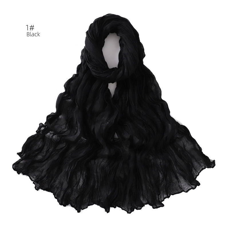 Spring And Autumn Pure Color Silk Yarn Twist Wrinkle Cotton And Linen Breathable Thin Scarf Female Cover Scarf In Stock