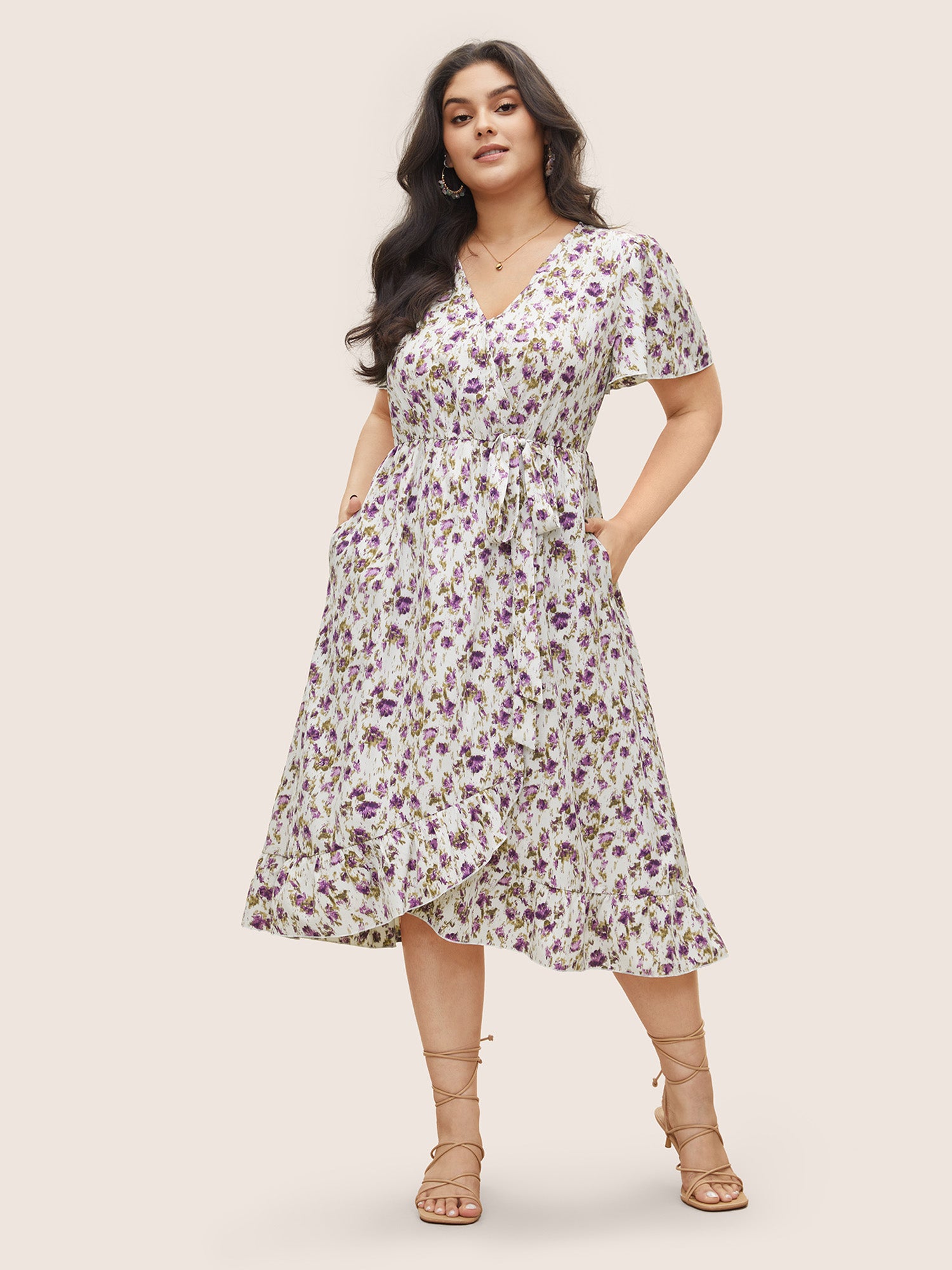 Pixel Flower Bowknot Surplice Neck Dress