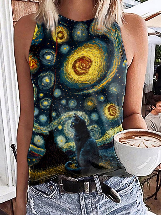 Women's Starry Night Black Cat Print Vest