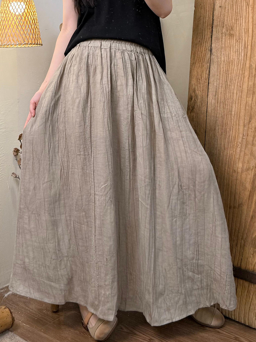Women Summer Vintage Pure Color Ramie Skirt