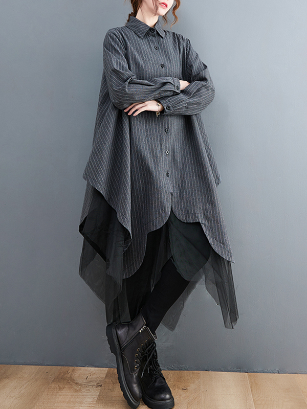 Loose Striped Gauze Split-Joint Lapel Long Dress