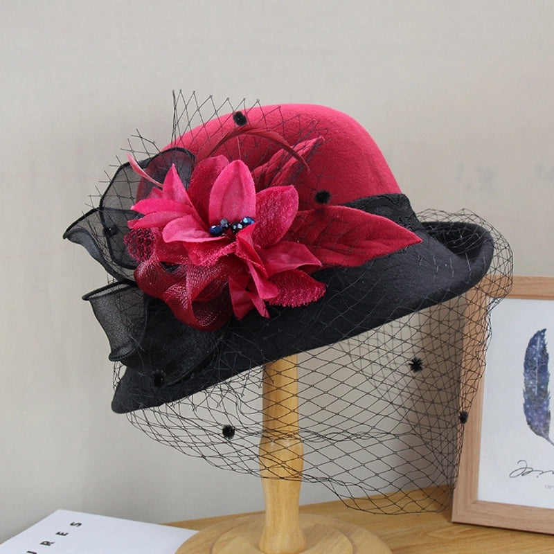 Wool Hat Women's Autumn And Winter  Vintage Basin Hat Hepburn Mesh Flower Curled Top Hat