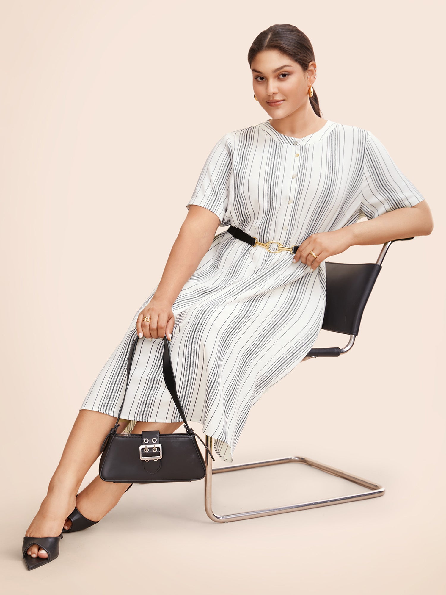 Round Neck Striped Button Up Midi Dress