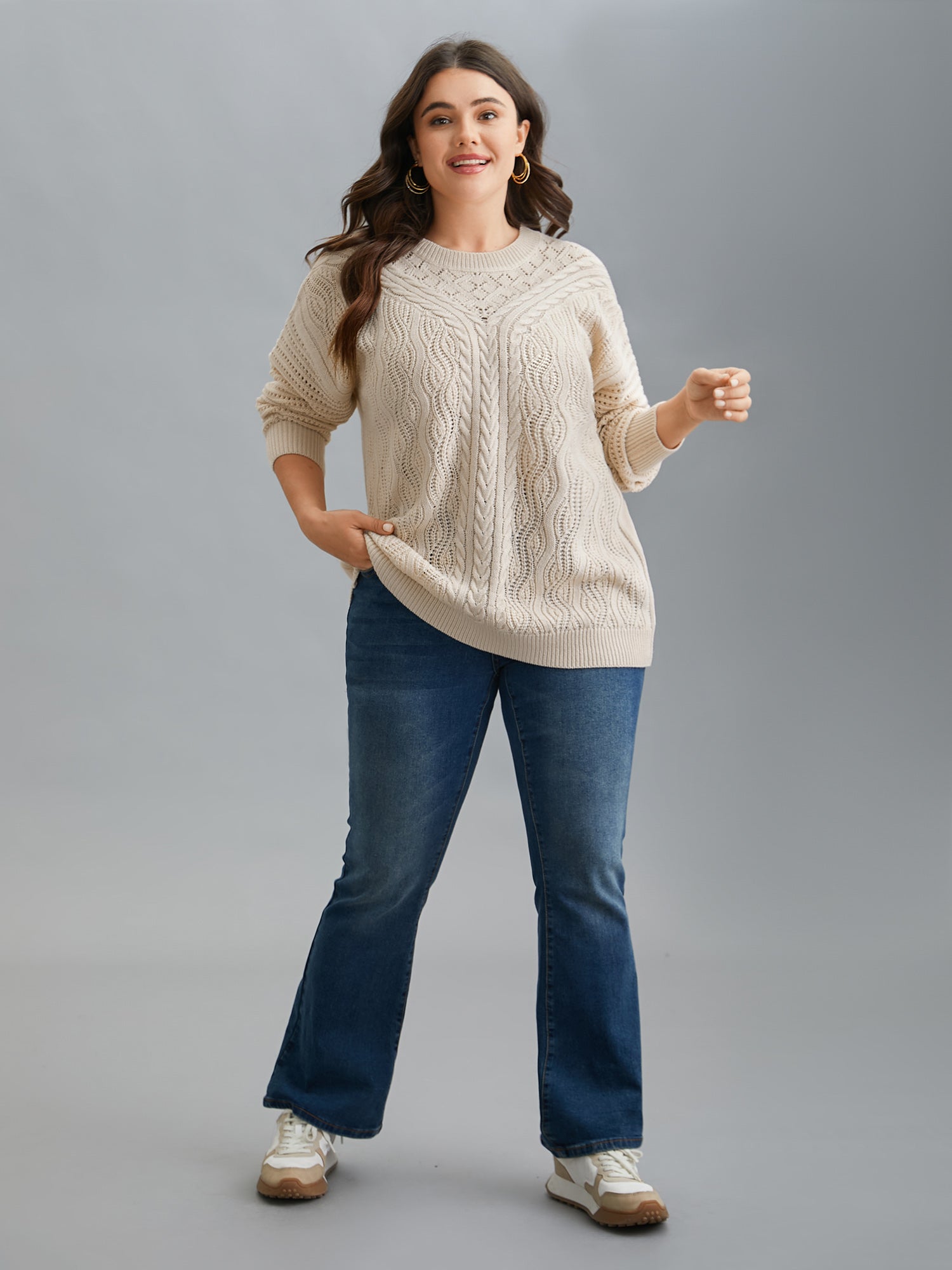 Cable Knit Hollow Out Textured Pullover