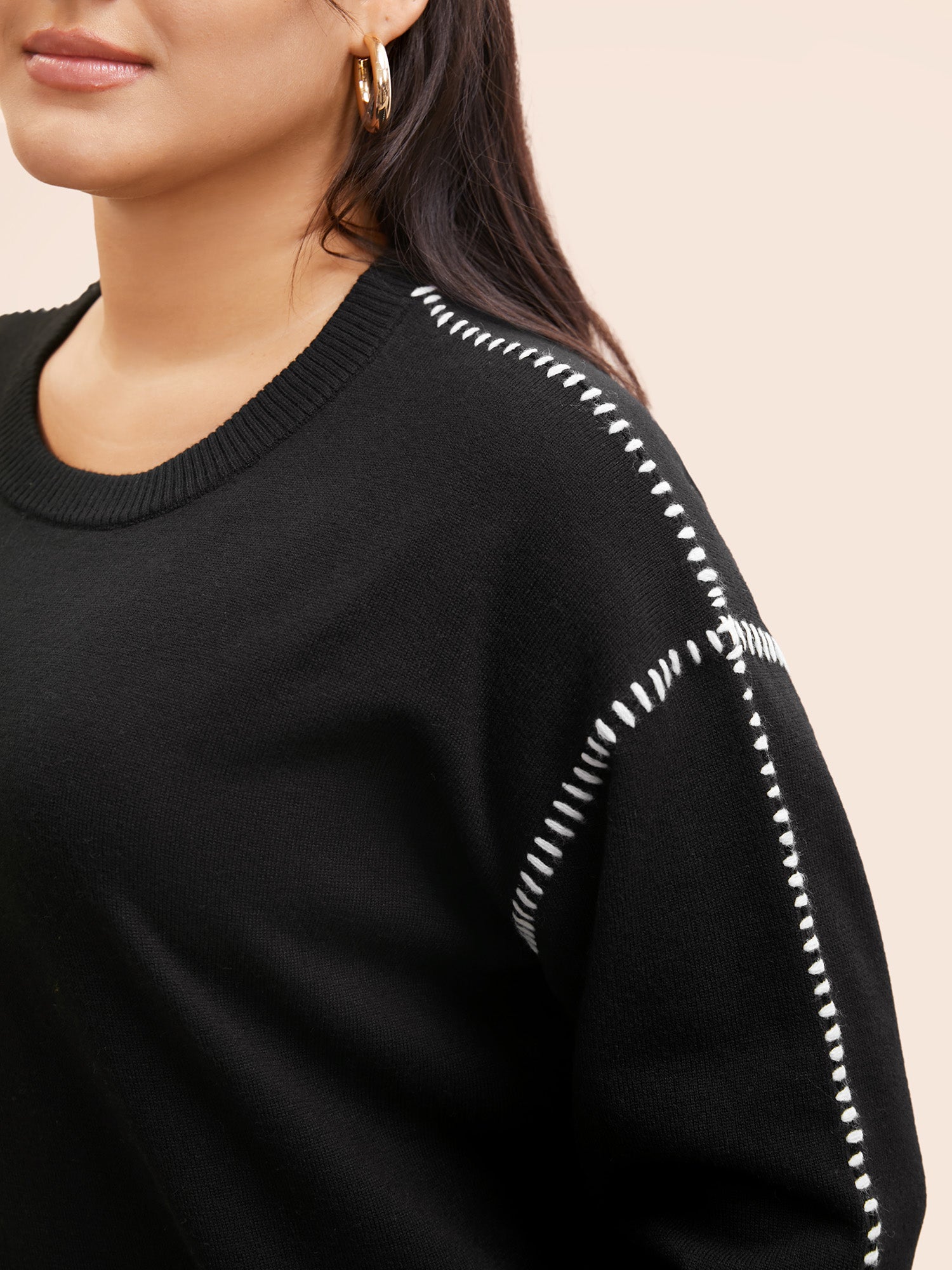 Crew Neck Contrast Trim Drop Shoulder Pullover