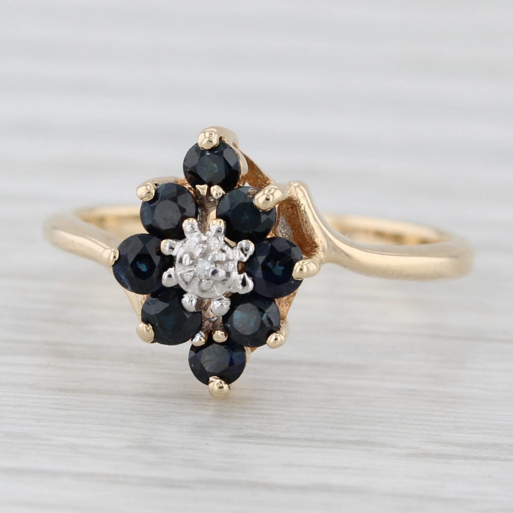 0.65ctw Blue Sapphire Diamond Flower Cluster Ring 10k Yellow Gold Size 6