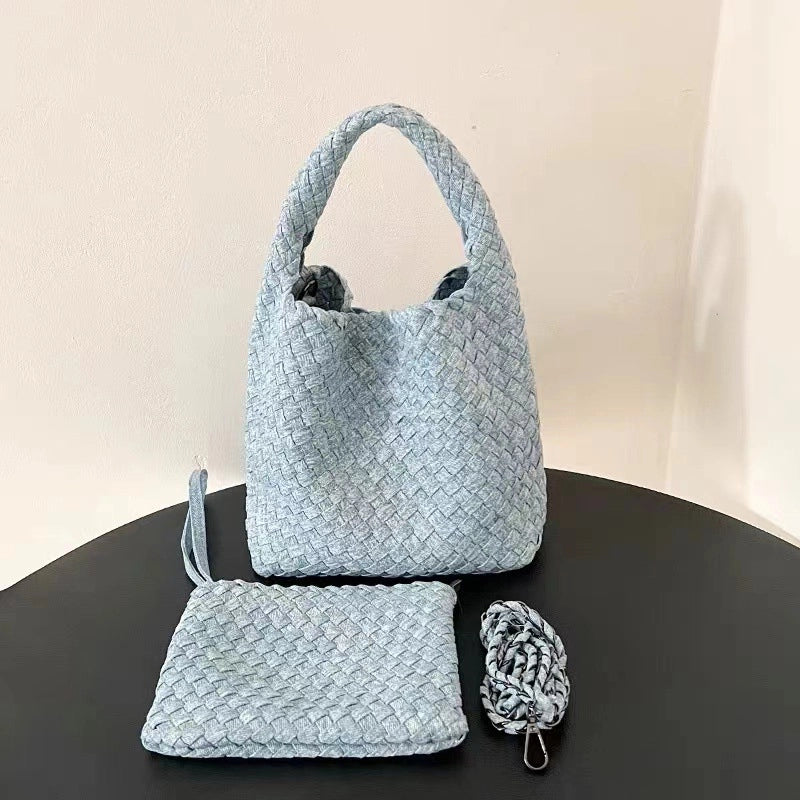 Women's Denim Solid Color Classic Style Weave Bucket Open Shoulder Bag