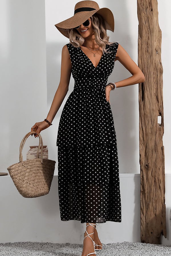 Fashion Polka Dots Print V Neck Maxi Dress