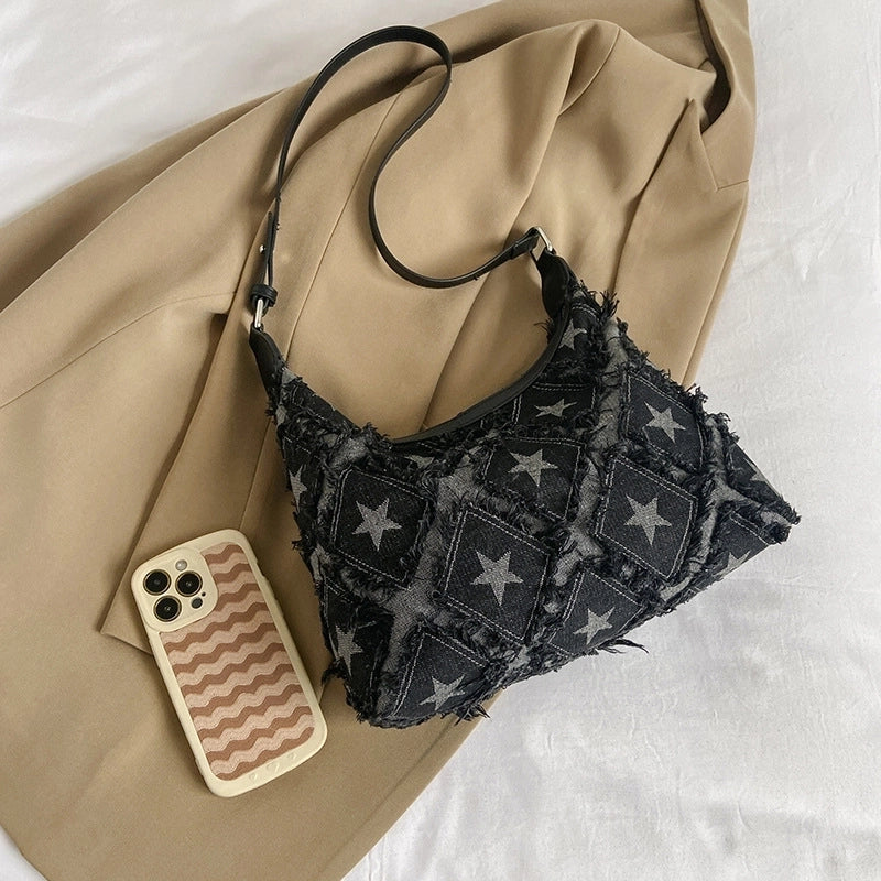 Women's Small Denim Star Streetwear Zipper Underarm Bag