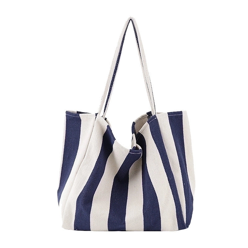 Women's Large Canvas Stripe Basic Classic Style Open Canvas Bag