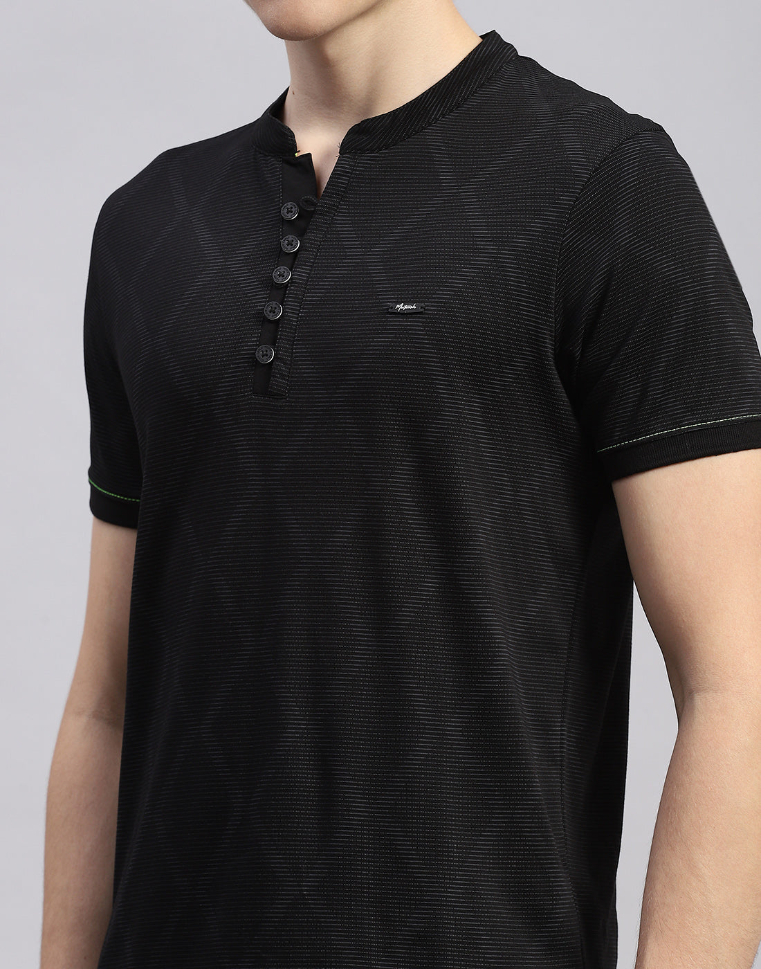 Men Black Printed Mandarin Neck Half Sleeve T-Shirt