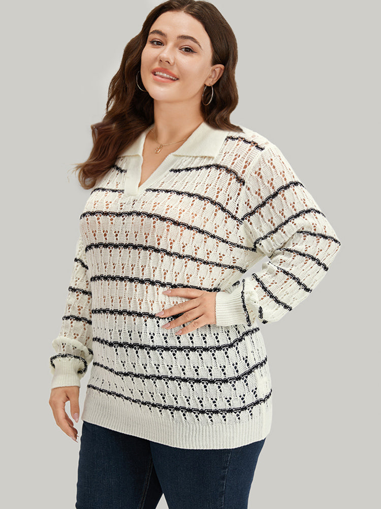 Striped Hollow Out Lapel Collar Pullover