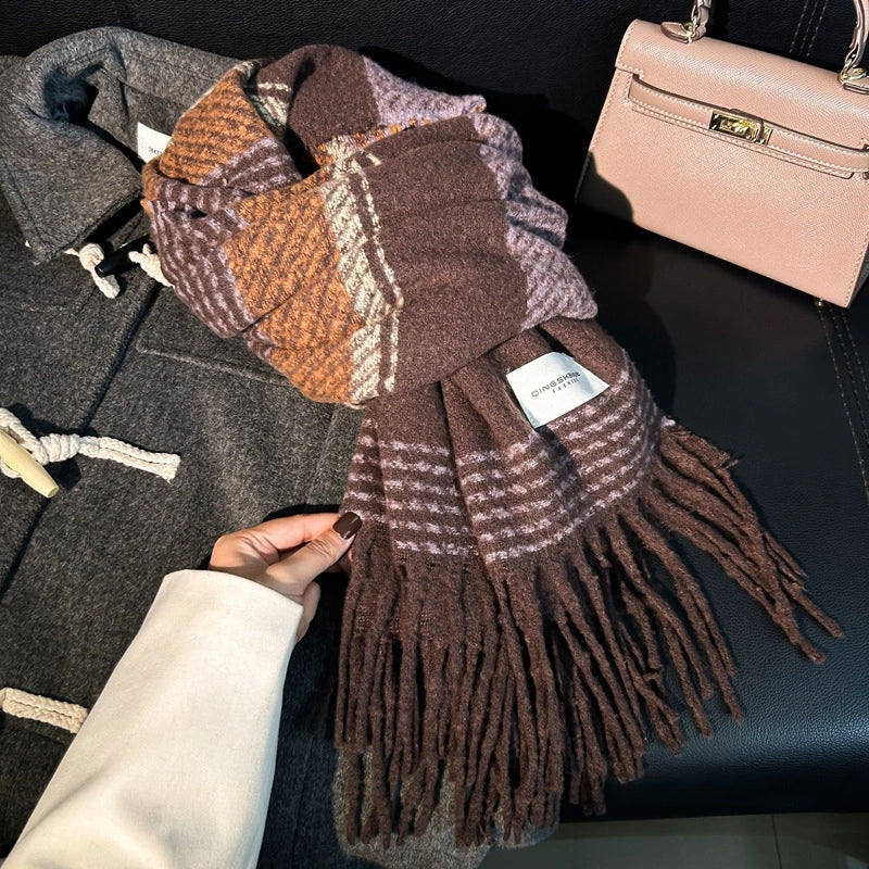 Unisex Retro Lattice Polyester Tassel Scarf