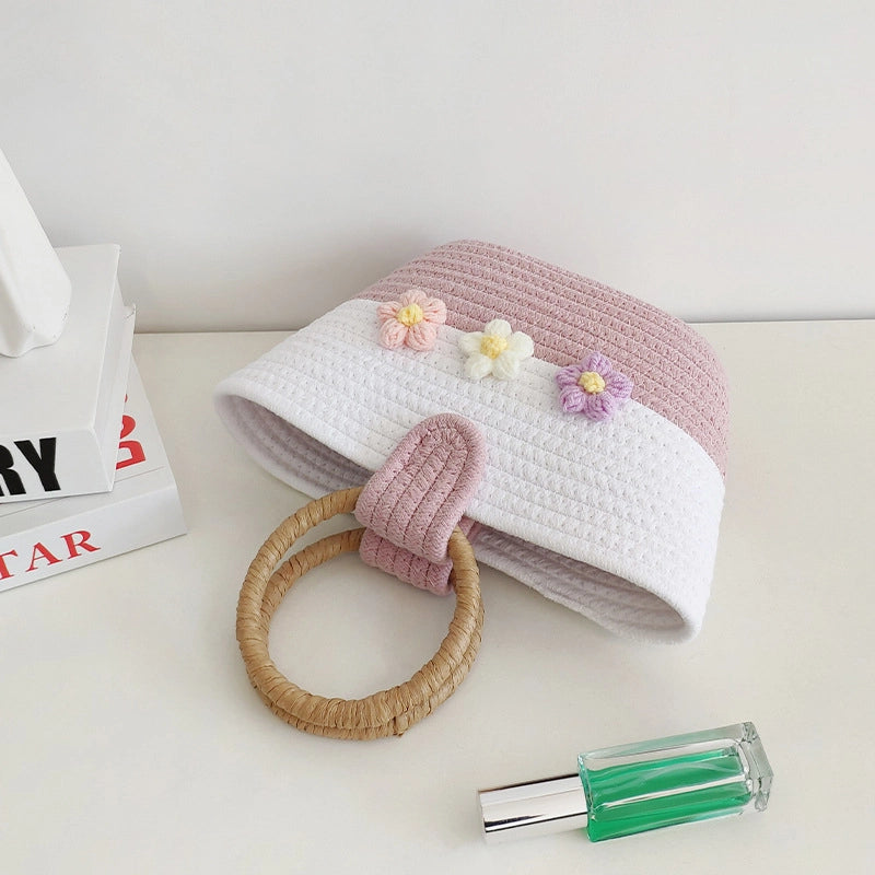 Women's Medium Cotton Color Block Flower Cute Weave Bucket Open Straw Bag
