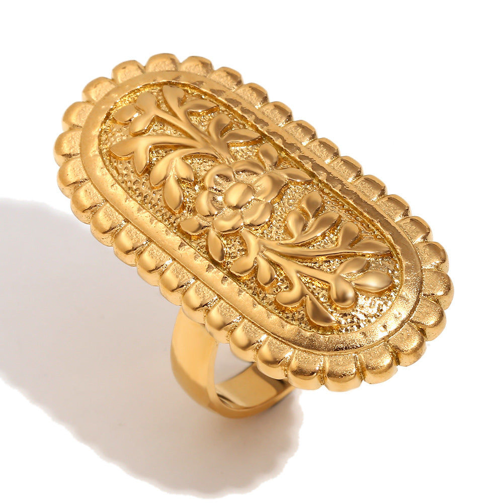 Personalized Ring Stainless Steel 18K Gold Plated Retro Sawtooth Flower Oval Relief Necklace Female
