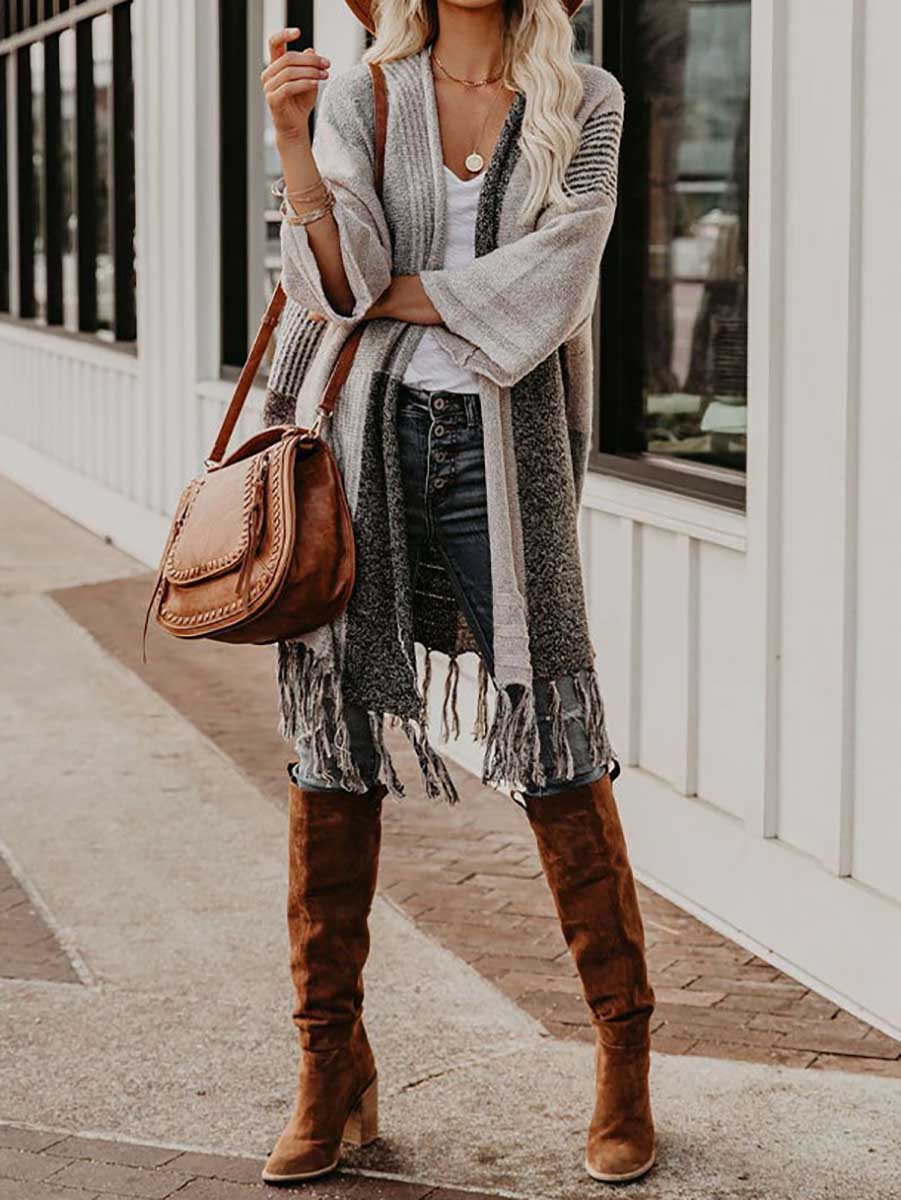 Fringed Knit Batch Shoulder Sweater Jacket