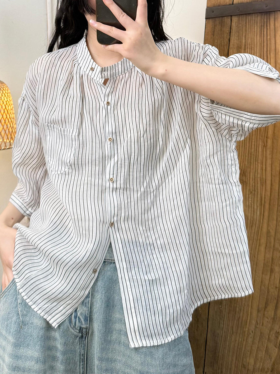 Women Summer Artsy Stripe Ramie Stand Collar Shirt