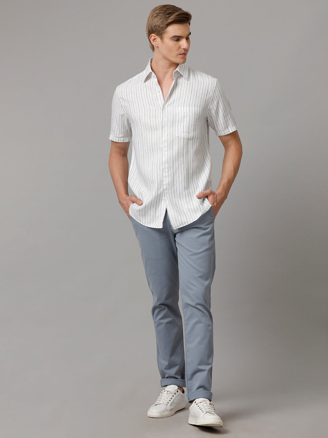 Men Stripes Casual White Shirt (LAINE)