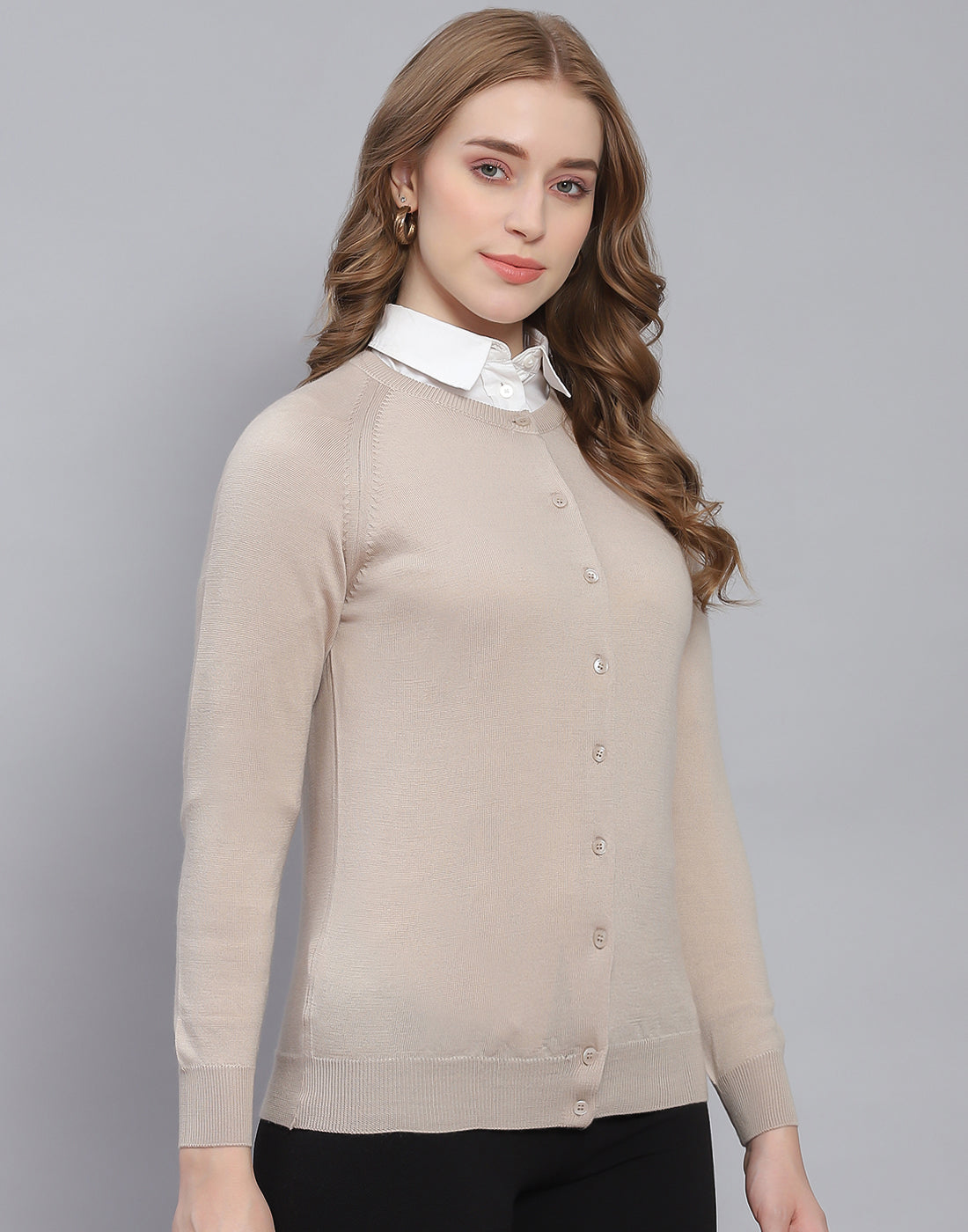 Women Beige Solid Round Neck Full Sleeve Cardigan