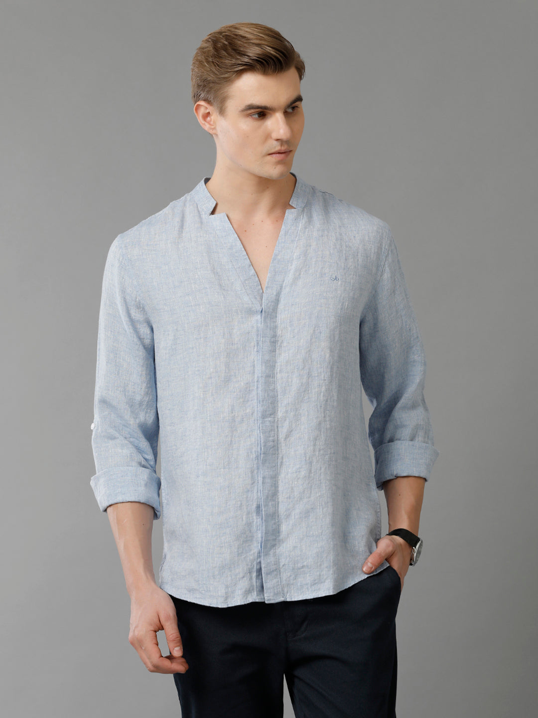 Mens Regular Fit Solid Blue Casual Linen Shirt (LAUNI)