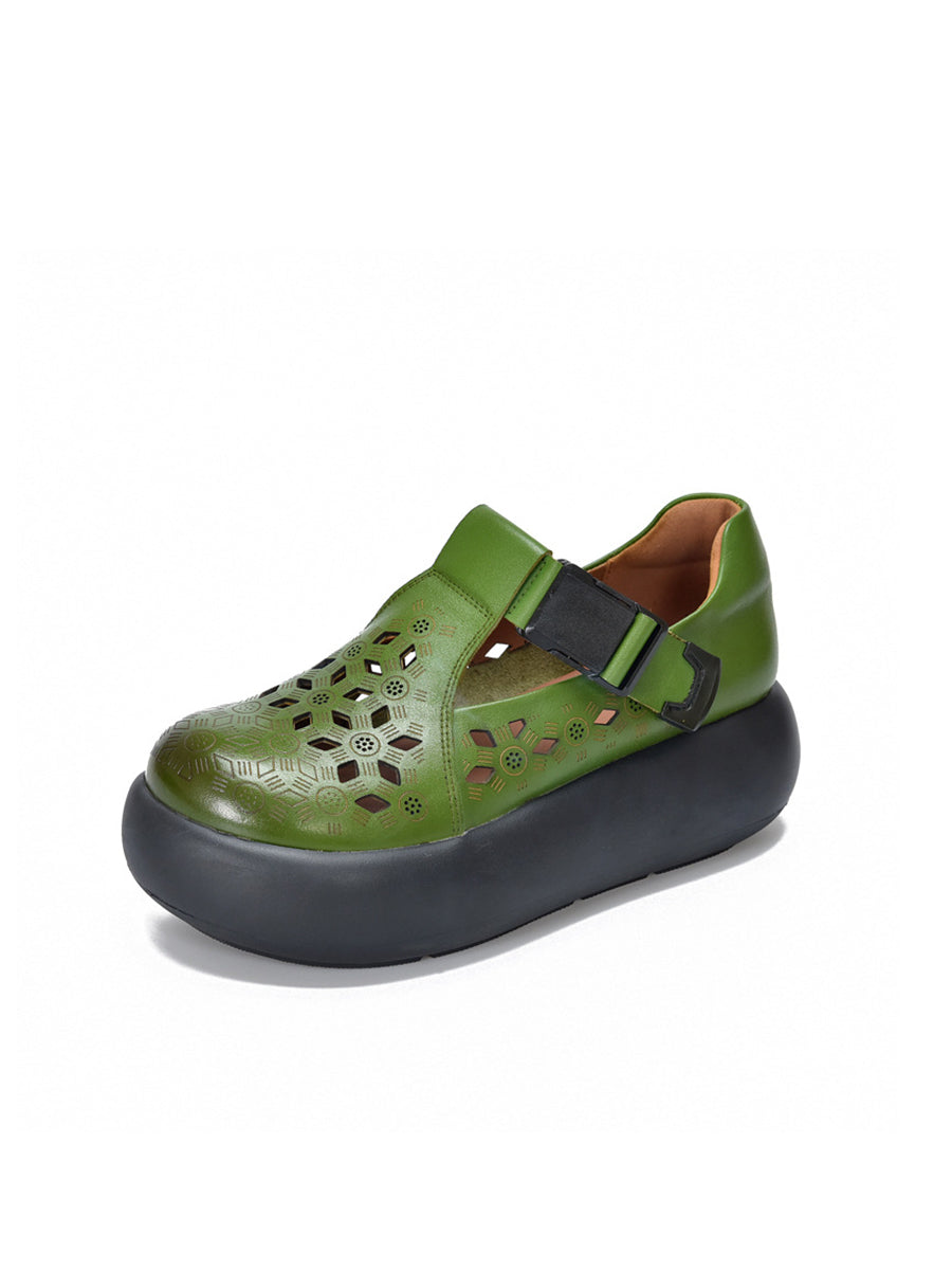 Women Casual Summer Genuine Leather Hollow Out Platform Shoes