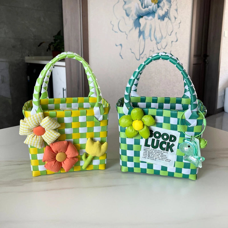 Women's PVC Color Block Plaid Vacation Weave Square Open Square Bag