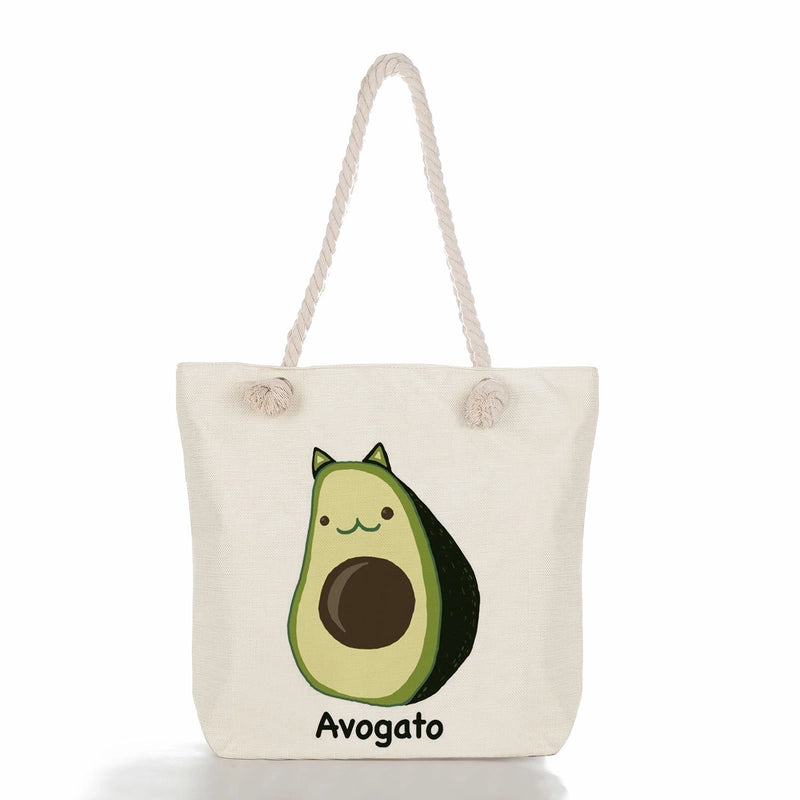Women's Medium Linen Fruit Cute Classic Style Square Zipper Tote Bag Beach Bag
