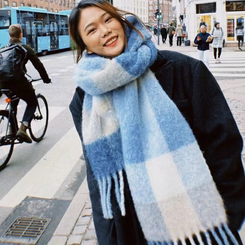 Rainbow Plaid Scarf Women's Autumn And Winter Thickened Mohair Student Couple Contrast Color Matching Thickened