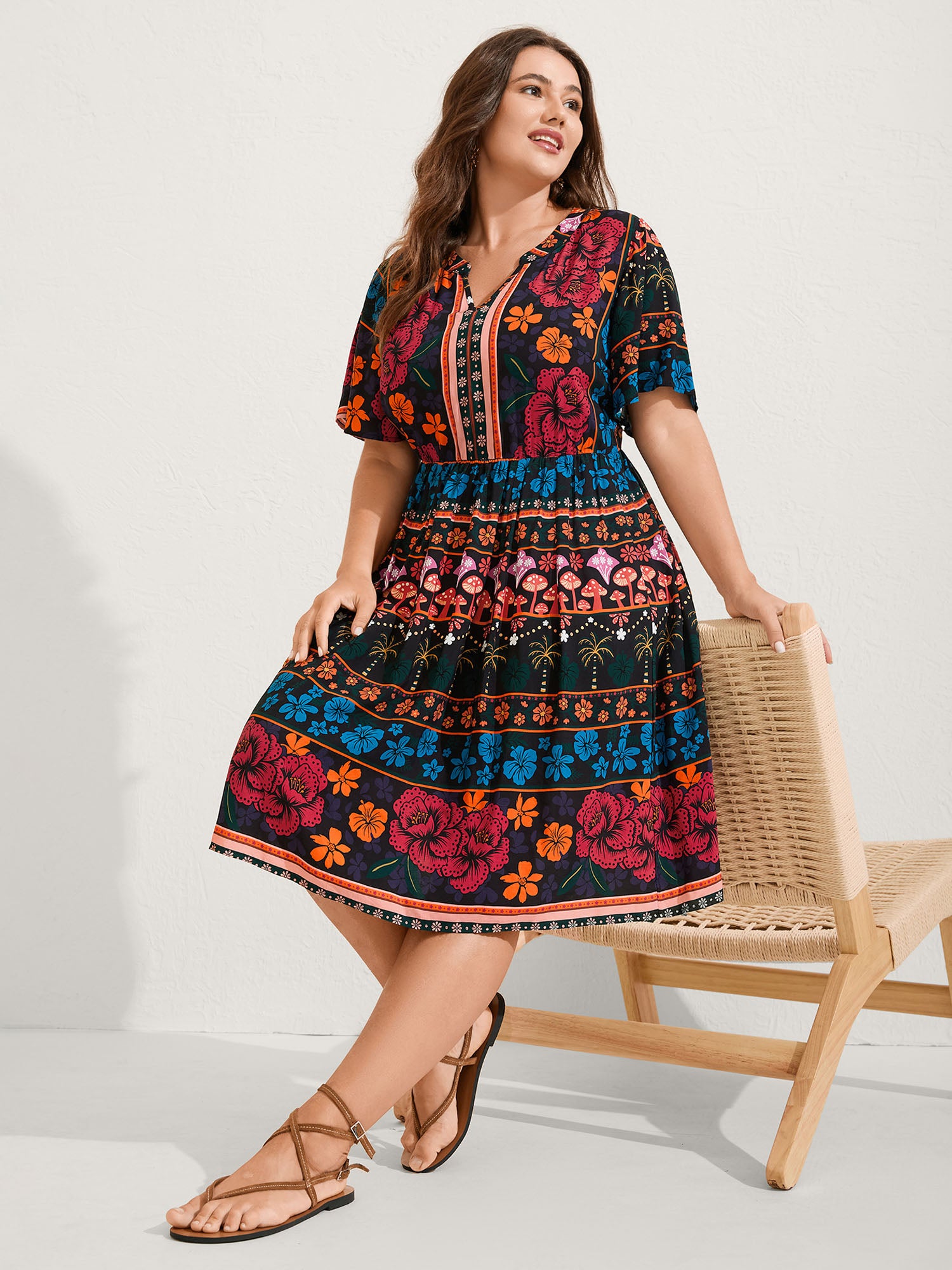 Boho Floral Print Notched Collar Midi Dress