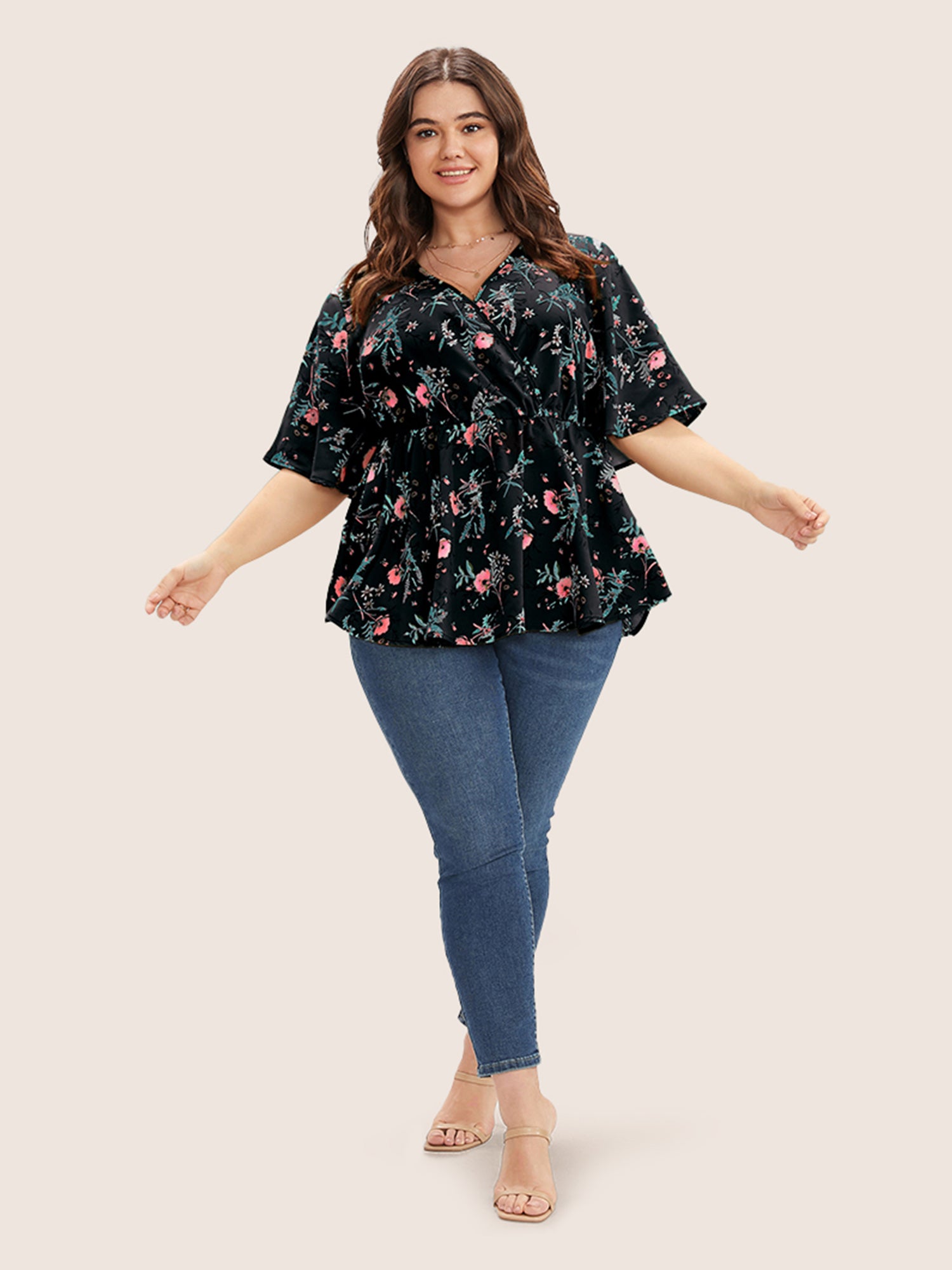 Floral Print Ruffles Surplice Neck Blouse
