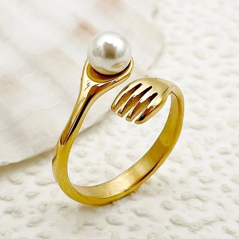 Elegant Baroque Style Modern Style Round Palm 304 Stainless Steel Pearl 14K Gold Plated Asymmetrical Inlay Rings
