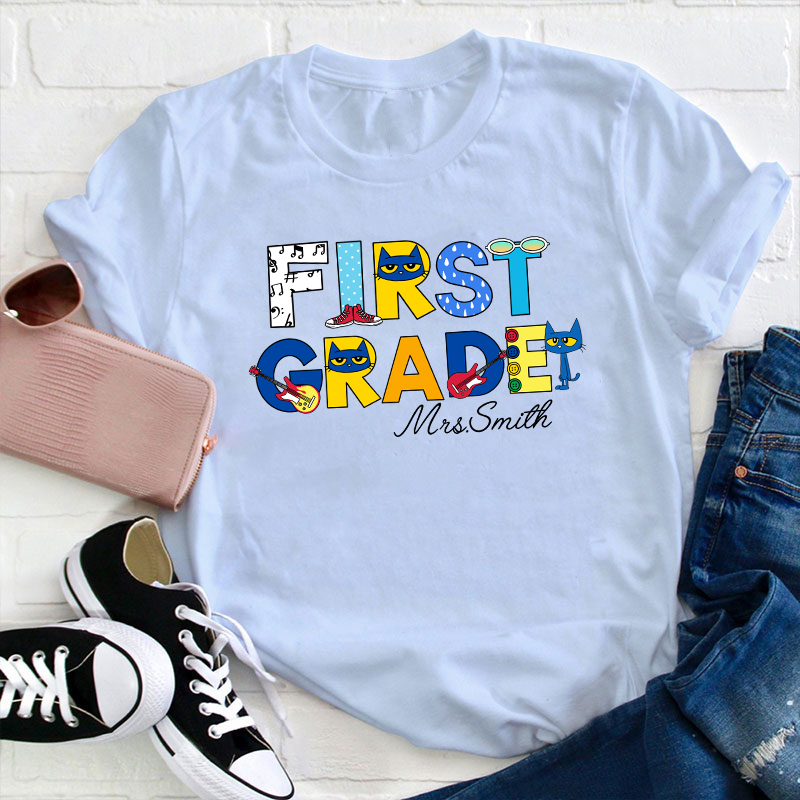 Personalized Name And Grade Pete The Cat Teacher T-Shirt