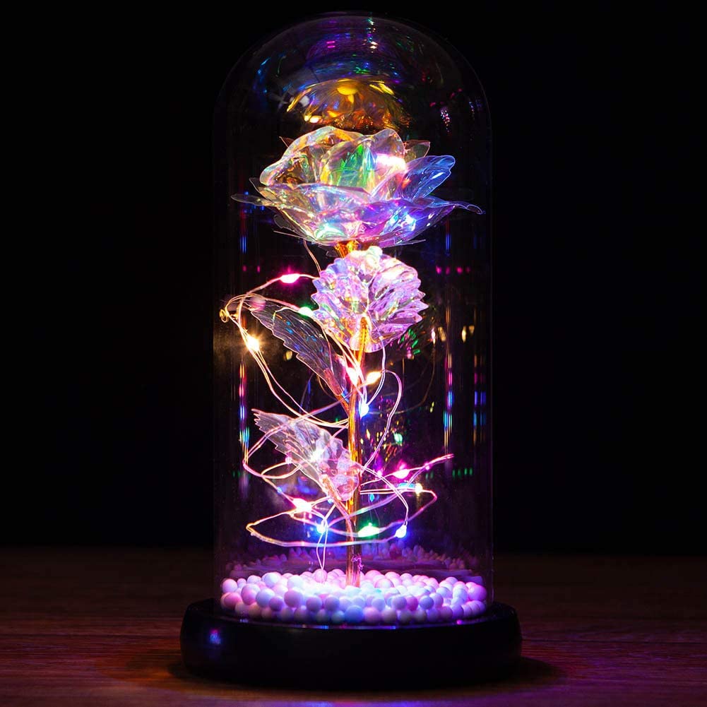 Sprif Galaxy Rose Flowers Forever Enchanted Rose with Colorful LED Light in Glass Dome for Romantic Gifts on Valentine Mothers Day Anniversary (Colorful Beads)