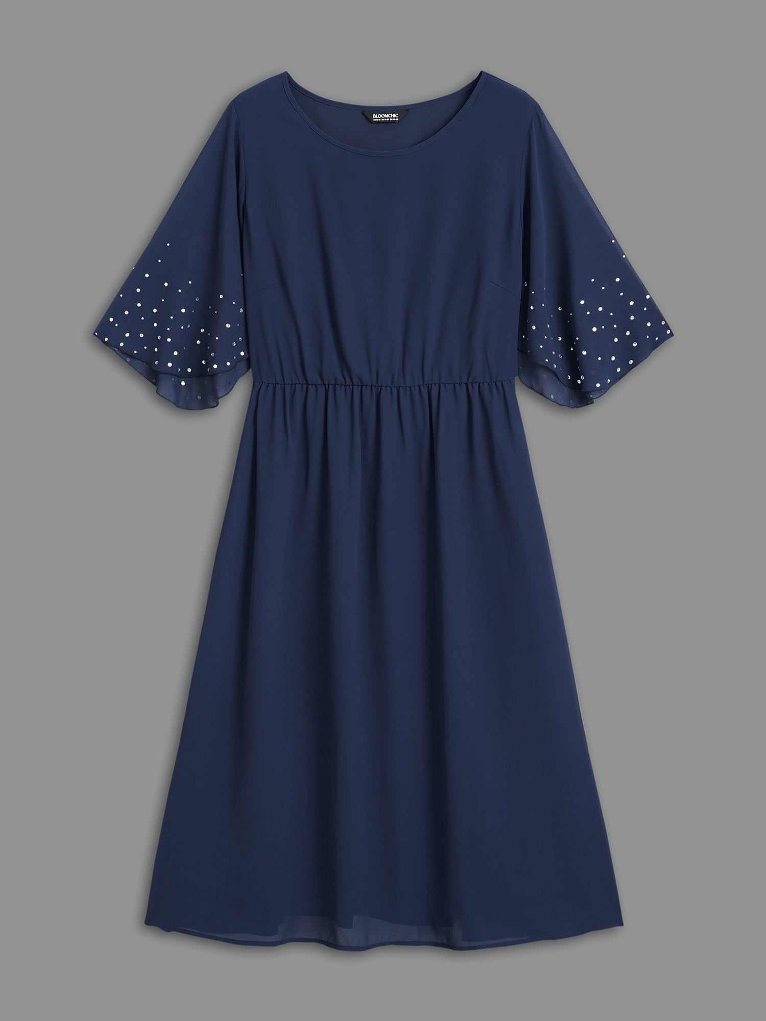 Rhinestone Elastic Waist Ruffle Sleeve Dress