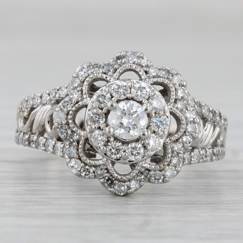 1.37ctw Diamond Flower Ring 14k White Gold Size 8.25 Engagement