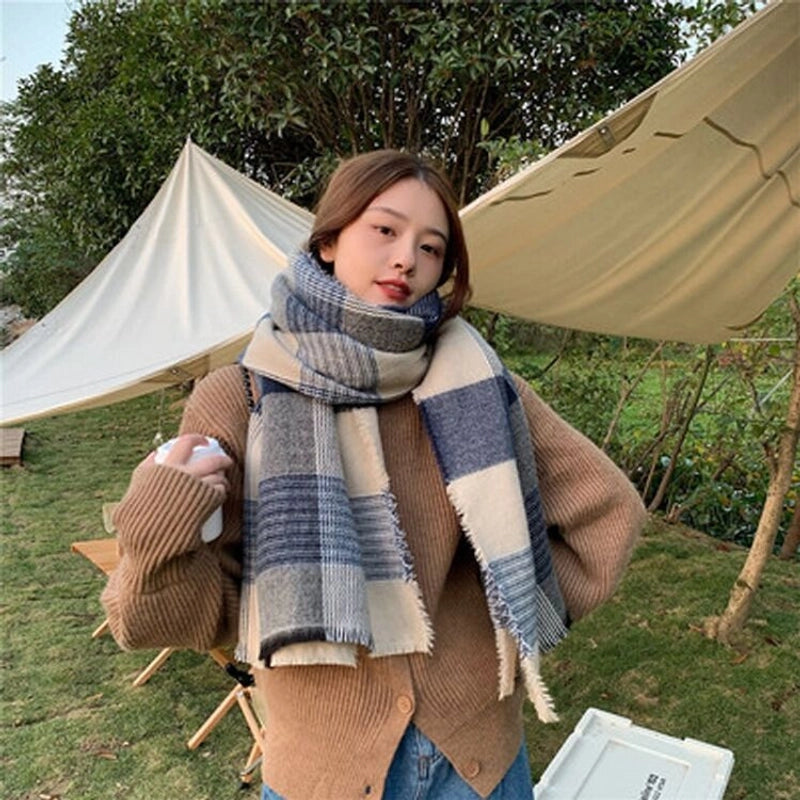 Winter Blue Plaid Scarf Women's Dual-use Shawl British Classic Cashmere Extra-large Warm Neck